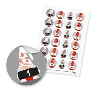Adventskalender Aufkleber Zahlen Wichtel Sticker 1-24 rot grau weiß