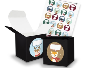 SET Christmas animals speech bubbles mix (motif 57) 24x cubes 6.5 cm black + sticker sheet