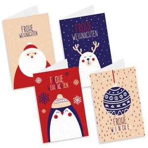 Weihnachtskarten Grußkarten  "Figuren" 4x Klappkarte DIN A6 Pinguin Rentier Nikolaus Weihnachten Frohe Weihnachten Karten