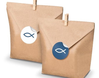 Fish-themed gift bags for First Communion, Confirmation, Baptism, Church Dedication, Birth. Includes bag, clip, and sticker. 24 bags each. Made of kraft paper.