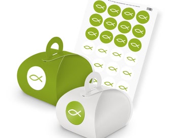 SET FISH Green 24x Gift Handle Box Birth Baptism Communion Confirmation Church Consecration Confirmation Baby Shower with Sticker Symbol Fish