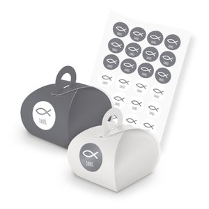 SET FISCH Grau 24x Gastgeschenk Griffbox Geburt Taufe Kommunion Konfirmation Kirchweihe Firmung Babyparty mit Aufkleber Symbol Fisch Danke