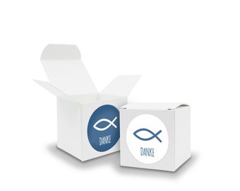 SET FISH 24x folding box cube 5 cm white sticker baptism communion blue guest gift thanksgiving confirmation birth confirmation church consecration