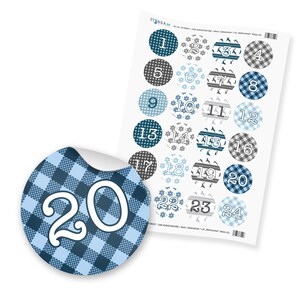 Adventskalenderzahlen Sticker 1-24 Weihanchten blau hellblau grau silber weiß