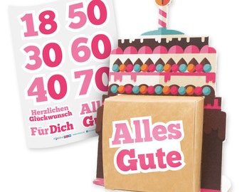 Geldgeschenk Verpackung runder Geburtstag Torte Kuchen 18. 30. 50. 60. Geburtstagsgeschenk happy Birthday Alles gute Geschenkverpackung