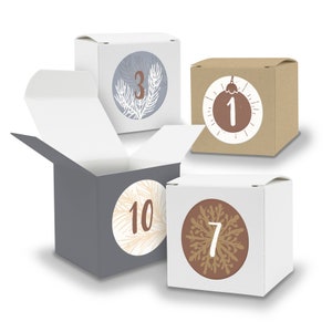 itenga Adventskalender zum Füllen 24x Würfel 5cm GRAU + BRAUN + WEISS + Sticker V16 Z15 Kalender aus Kartonschachteln