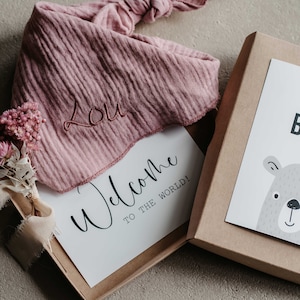 regalo de nacimiento | caja de regalo | Pañuelo de bebé personalizado | Regalo en efectivo por nacimiento | ramo de flores secas | Caja de regalo | Bufanda para bebé con nombre
