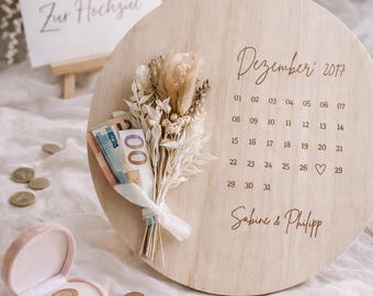 Personalisiertes Geldgeschenk | Geschenk Hochzeit | personalisiertes Geschenk Hochzeitstag | Kalenderscheibe mit Trockenblumen