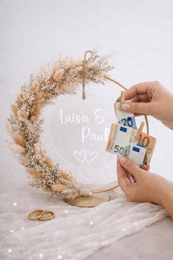 Trockenblumenkranz mit Acrylglasscheibe, Stehkranz als Hochzeitsgeschenk, Personalisierter Kranz mit Trockenblumen