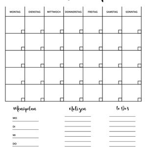 May include: A black and white printable monthly planner with a grid for each day of the week, labeled Monday through Sunday. The planner also includes sections for a weekly meal plan, notes, and to-do lists.