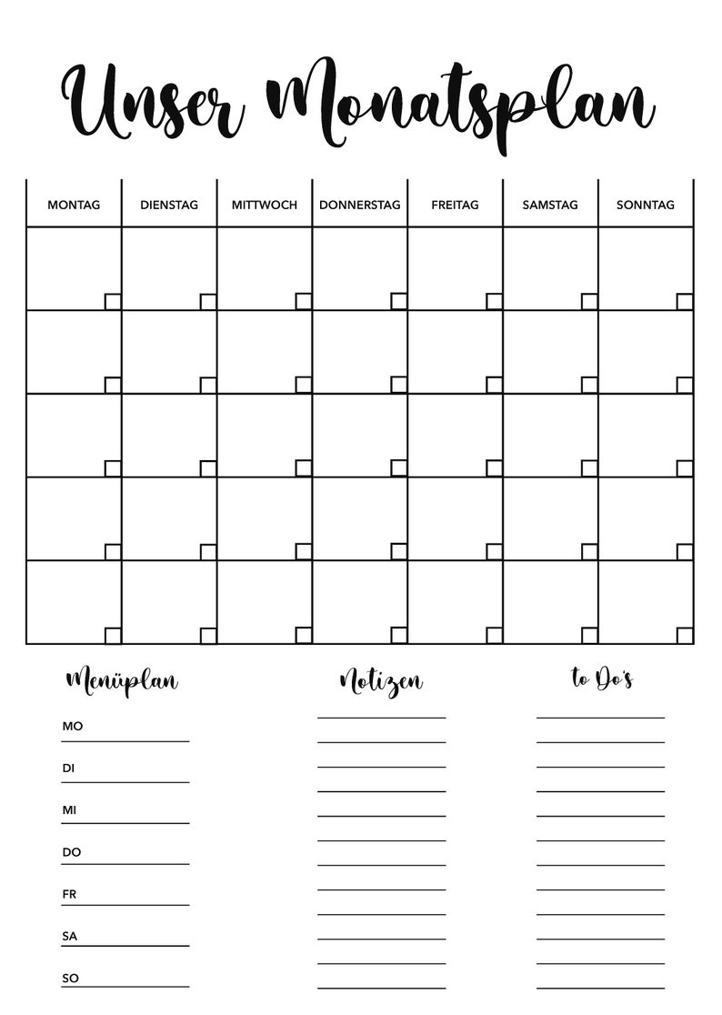May include: A black and white printable monthly planner with a grid for each day of the week, labeled Monday through Sunday. The planner also includes sections for a weekly meal plan, notes, and to-do lists.