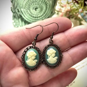 Cameo Earrings, Teal Green Cameo Earrings, Regency Style Earrings