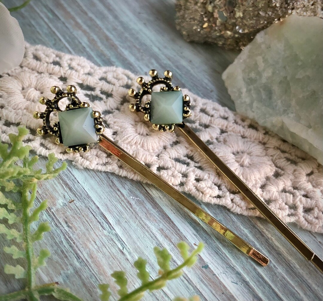 Vintage Brass Bobby Hair Pins Light Green Bobby Pins Wedding Etsy