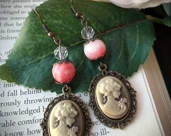 Vintage Earrings, Cameo Earrings, Cameo Vintage Earrings, Beaded Cameo Earrings, Beaded Cameo Dangle Earrings