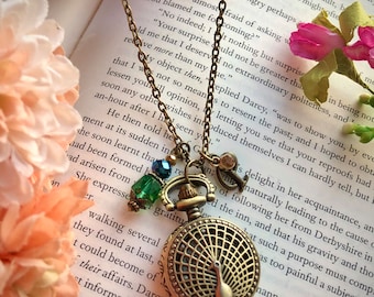 Peacock Pocket Watch Necklace, Initial Charm, Jane Austen Style