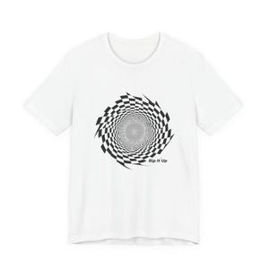 May include: White t-shirt featuring a black and white spiral design. The graphic has a checkered pattern that creates an optical illusion. The text "Rip It Up" is printed below the spiral design.