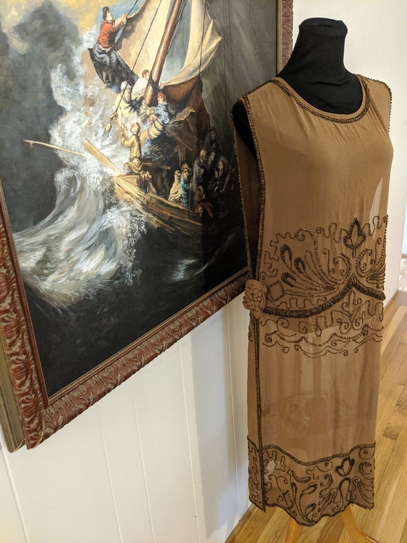 1920s Brown Beaded Tabard Dress
