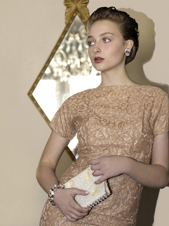 50s Lace Dress Detachable Apron Rose Gold Gem