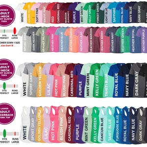 May include: A chart displaying various colours and sizes of t-shirts and tank tops. The chart features a size guide with body length and chest width measurements in inches. The colours include white, sport grey, golden yellow, lilac, hot pink, blush pink, cardinal red, purple, mint green, kelly green,  cancun blue, tahiti blue, turquoise blue, royal blue, navy blue, dark grey, and black.
