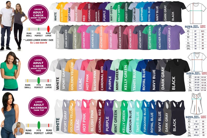 May include: A chart displaying various colours and sizes of t-shirts and tank tops. The chart features a size guide with body length and chest width measurements in inches. The colours include white, sport grey, golden yellow, lilac, hot pink, blush pink, cardinal red, purple, mint green, kelly green,  cancun blue, tahiti blue, turquoise blue, royal blue, navy blue, dark grey, and black.