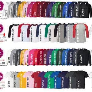 May include: A chart displaying various colours of hoodies, raglan shirts, sweaters, and youth crew neck shirts. The chart includes size charts for each type of garment.