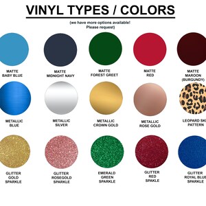 May include: A chart showing different types and colors of vinyl. The chart includes matte, metallic, glitter, and patterned vinyl. The colors include white, baby blue, midnight navy, forest green, red, maroon, black, neon pink, blue, silver, crown gold, rose gold, leopard skin, buffalo plaid, glitter silver, glitter gold, glitter rose gold, emerald green, glitter red, and glitter royal blue.