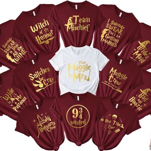 May include: Ten maroon t-shirts with gold foil lettering. The shirts feature various Harry Potter themed phrases, including "Witch of Honour", "Team Mischief", "I Solemnly Swear That I Am Getting Married", "Bride's Maid", "Snitches be Cray", "From Muggle to Mrs", "Muggle Crew", "Wine is My Patronus", "9 3/4 wasted", "Best Tribe Ever", and "Bad and Boozie".