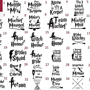 May include: A set of 35 black and white images with text and graphics related to the Harry Potter universe. The images feature various phrases and designs, including "Muggle to Mrs", "Witch of Honour", "Brides Squad", "Snitch be Cray", and "Gryffindor Slytherin".
