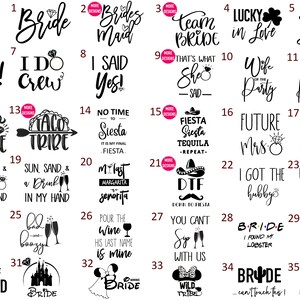 May include: A set of 35 black and white designs for a bachelorette party. The designs feature various phrases and images related to the event, such as "Bride Tribe", "Team Bride", "I Do Crew", and "Future Mrs."