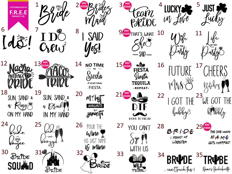 May include: A set of 35 black and white designs for a bachelorette party. The designs feature various phrases and images related to the event, such as "Bride Tribe", "Team Bride", "I Do Crew", and "Future Mrs."