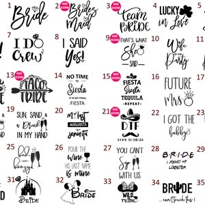 May include: A set of 35 black and white designs for a bachelorette party. The designs feature various phrases and images related to the event, such as "Bride Tribe", "Team Bride", "I Do Crew", and "Future Mrs."