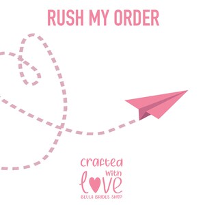May include: Pink paper aeroplane flying in a heart-shaped dotted line with the text "RUSH MY ORDER" above and "crafted with love" below. The text "BELLA BRIDES SHOP" is at the bottom.
