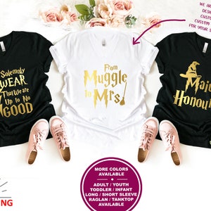 May include: Three black and white t-shirts with gold text and graphics. The shirts feature Harry Potter themed text and graphics, including "We Solemnly Swear That We Are Up to No Good", "From Muggle to Mrs", and "Maid of Honour".