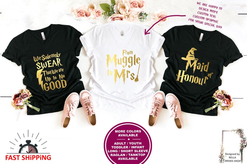 May include: Three black and white t-shirts with gold text and graphics. The shirts feature Harry Potter themed text and graphics, including "We Solemnly Swear That We Are Up to No Good", "From Muggle to Mrs", and "Maid of Honour".