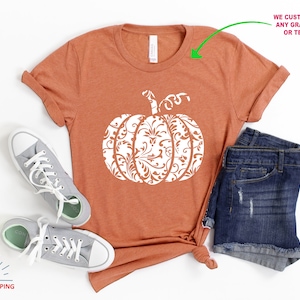 May include: A rust-coloured t-shirt with a white pumpkin design. The pumpkin is filled with a white damask pattern.