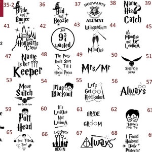 May include: A set of 69 black and white illustrated square designs featuring Harry Potter themed text and images. The designs include text such as "Hogwarts", "Always", "Name is His Catch", "Wifey Hubby", "Muggle Crew", "Bride Boujee", "Bad and Boozie", "Move Snitch", "irius Blackout", "Let's Get Riddikulus", "It's Leviosa Not Levios A", "The Party Don't Start Till I Hocus Pocus", "Name is Her Keeper", "Name Found a Catch", "Expect Patronum", "They See Us Rowling They Hatin", "SNITCH please", "I Found Husband Dady Protector", "The Name's Hogwarts Party Vacation", "I Solemnly Swear I'm  Thirty", "Muggle in the Makin", "Best Bride Ever", "Best Tribe Ever", "Le Party Begin", "BRIDE GROOM", "Mimosa", "Mrs/Mr", "Hogwarts Alumni Wingardium".