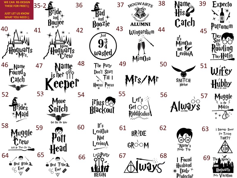 May include: A set of 69 black and white illustrated square designs featuring Harry Potter themed text and images. The designs include text such as "Hogwarts", "Always", "Name is His Catch", "Wifey Hubby", "Muggle Crew", "Bride Boujee", "Bad and Boozie", "Move Snitch", "irius Blackout", "Let's Get Riddikulus", "It's Leviosa Not Levios A", "The Party Don't Start Till I Hocus Pocus", "Name is Her Keeper", "Name Found a Catch", "Expect Patronum", "They See Us Rowling They Hatin", "SNITCH please", "I Found Husband Dady Protector", "The Name's Hogwarts Party Vacation", "I Solemnly Swear I'm  Thirty", "Muggle in the Makin", "Best Bride Ever", "Best Tribe Ever", "Le Party Begin", "BRIDE GROOM", "Mimosa", "Mrs/Mr", "Hogwarts Alumni Wingardium".