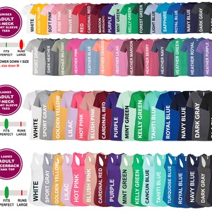 May include: A chart displaying various colours of t-shirts and tank tops. The chart features a range of colours, including white, black, grey, red, blue, green, pink, yellow, and purple. The chart also shows the sizes available for each colour. The chart is labelled with the words "Unisex Adult C-Neck Short Sleeve Tees", "Ladies Adult V-Neck Short Sleeve Tees", and "Ladies Adult Racerback Tank Top".