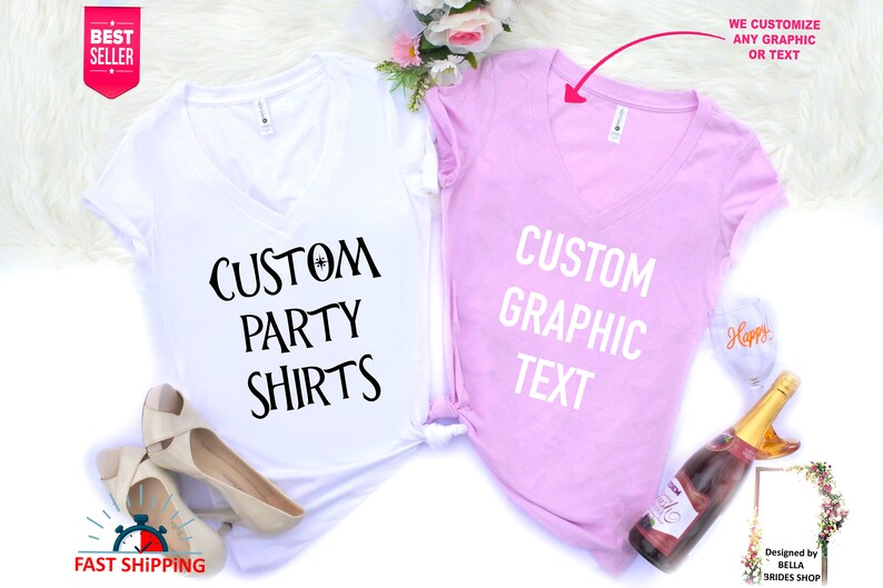 May include: Two V-neck t-shirts, one white and one pink, with the text "CUSTOM PARTY SHIRTS" on the white shirt and "CUSTOM GRAPHIC TEXT" on the pink shirt.