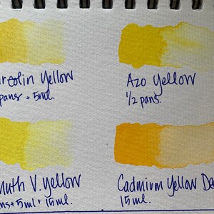 May include: Four watercolor paint swatches on a white paper background. The swatches are labeled with the names of the colors: Aureolin Yellow, Azo Yellow, Bismuth V. Yellow, and Cadmium Yellow Deep. The amount of paint used for each swatch is also listed.