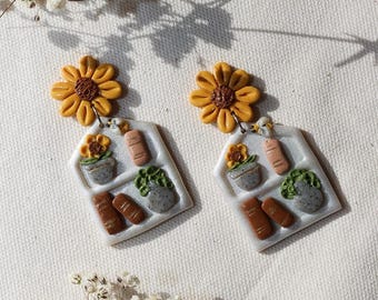 Sunflower BookShelf earrings, bee, books, tea, sunflower, white pearl, handmade, elegant earrings