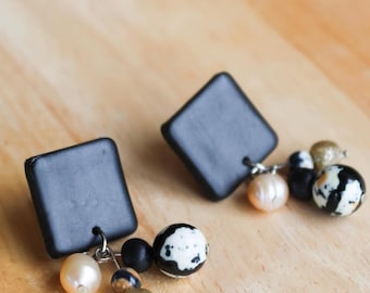 Eliza Design, Clay Earrings, elegant earrings, pearl, dalmatian jasper, stone, black earrings.