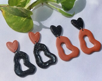 Heart minimalist earrings, valentine gift, terracotta earrings, black earrings, lightweight