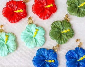 Maga Earrings, maga flower, flowers lovers, gift for her, unique colors, polymerclay, lightweight earrings, stainless steel, hibicus