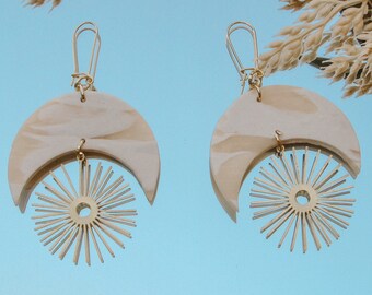 White earrings, Polymerclay earrings, Halfmoon earrings, Unique, White pearl, Sun earrings, Wedding earrings, XL size