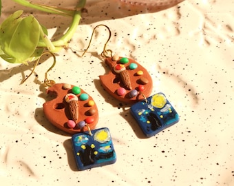 Art pallet and the starty night paint polymer clay earrings | made from scratch