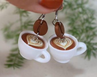 Coffee mug and bean earring, handmade lightweight, polymerclay, coffee lovers, handmade, gift for her, coffee girls