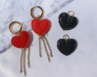 Heart earrings, San Valentine, two charm pair, one hoops interchangeable Earrings, Stainless Steel, clay, lightweight, black and red