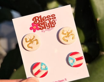 Coqui Taino and Puerto Rican Flag Stud Set, small size