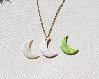 Halfmoon necklace, moon, white pearl, opal, small, minimalist jewelry, handmade necklace, stainless steel